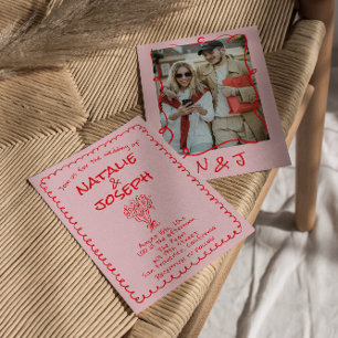 Retro Handgetekende Roze Rode Funky Bruiloft Kaart