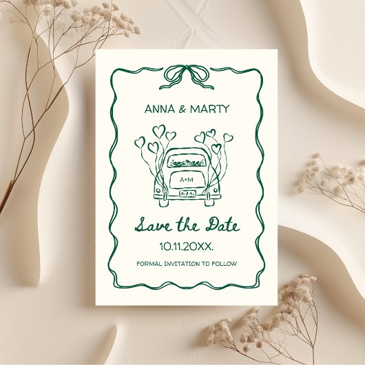Retro handgetekende Sage Green Unieke boog Trouwau Save The Date
