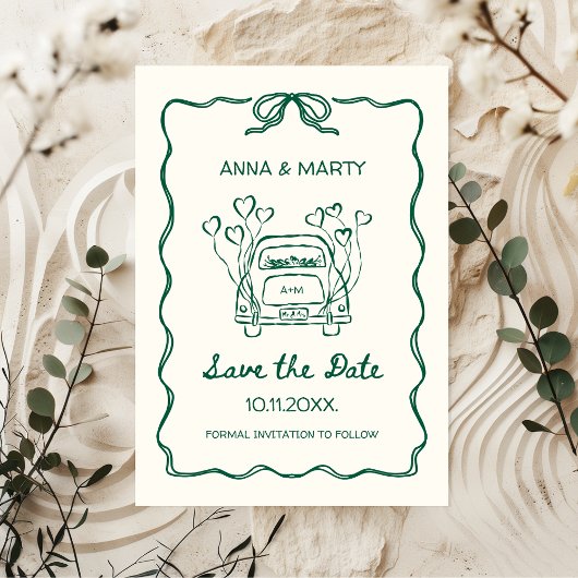 Retro handgetekende Sage Green Unieke boog Trouwau Save The Date