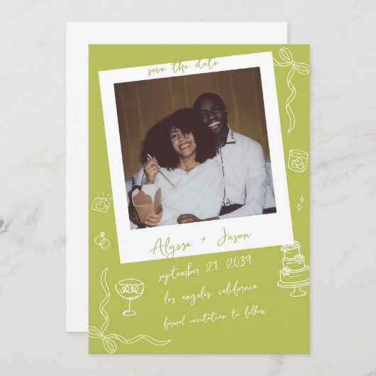 Retro Handwritten Hand Drawn Chartreuse Wedding Save The Date (Voorkant / Achterkant)