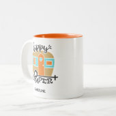 Retro Happy Camper Coral Blauwgroen Name Coffee Mo Tweekleurige Koffiemok (Voorkant links)
