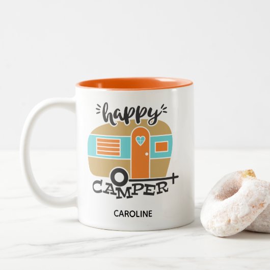 Retro Happy Camper Coral Blauwgroen Name Coffee Mo Tweekleurige Koffiemok (Met donut)