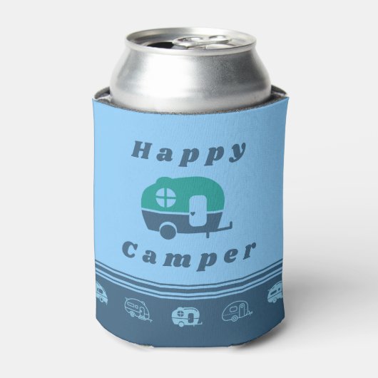 Retro Happy Camper Koelbox in blauw en Blauwgroen Blikjeskoeler (Blikje Voorkant)