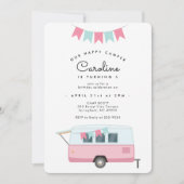 Retro Happy Camper rose Anniversaire Invitation (Devant)