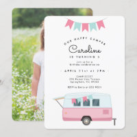 Retro Happy Camper Roze Verjaardag Uitnodiging