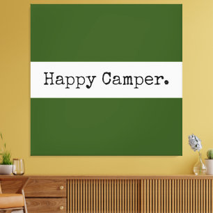 Retro Happy Camper Text Forest Green White Stripes Canvas Afdruk