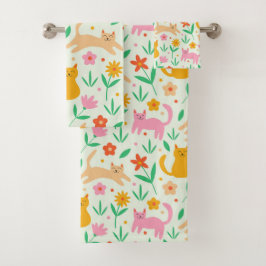 Retro Happy Cats met Oranje rode en perzikbloemen Bad Handdoek