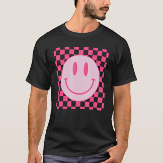 Retro Happy Face Checkered Pattern Pink Smile Fac T-shirt
