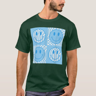 Retro Happy Face Gecontkered Blue Smile Face Trend T-shirt