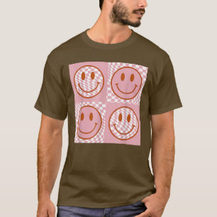 Retro Happy Face Smile Face Checkered Pattern Tr T-shirt