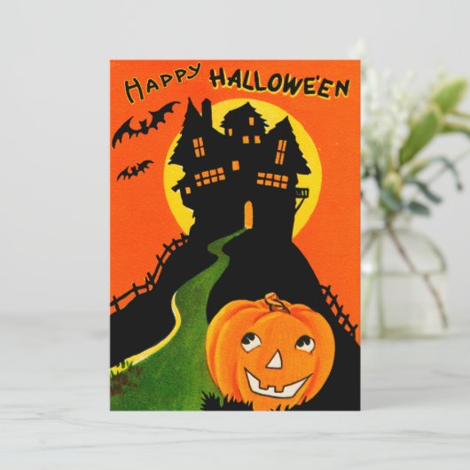 Retro Happy Halloween Haunted House Kaart (Staand voorkant)