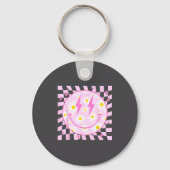 Retro Happy Smile Face Checkered Pattern Nk Daisy  Sleutelhanger (Voorkant)