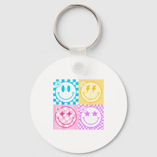 Retro Happy Smile Face Checkered Pattern Vibes Tre Sleutelhanger (Voorkant)