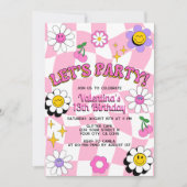 Retro Happy Smile Face Roze geruite leuke verjaard Kaart (Voorkant)