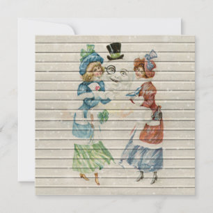 Retro Happy Snowman met dames Feestdagenkaart