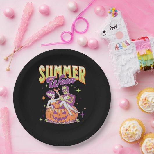 Retro Happy Summerween Funny Frankenstein Monster Papieren Bordje (Feest)