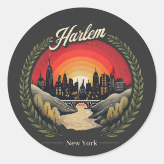 Retro Harlem Sunset: Skyline van New York City Ronde Sticker