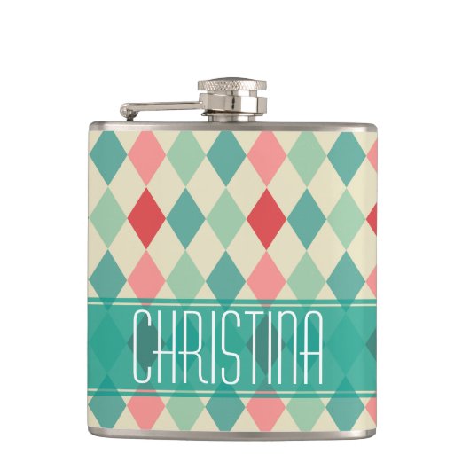 Retro Harlequin Geometric Pattern Gepersonaliseerd Heupfles (Voorkant)