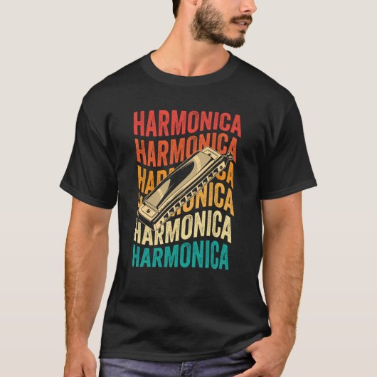 Retro Harmonica Harp Player T-shirt (Voorkant)