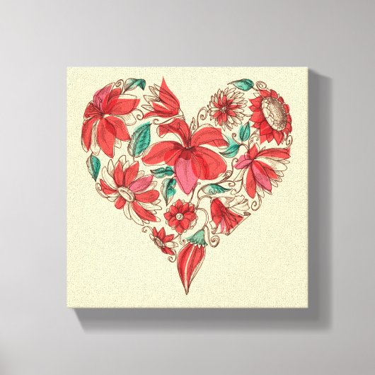 Retro hart van bloemen liefdessymbool canvas afdruk (Voorkant)