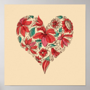Retro hart van bloemen liefdessymbool poster