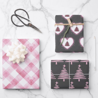  Retro Harten Kerstboom Roze en Grijs Inpakpapier Vel
