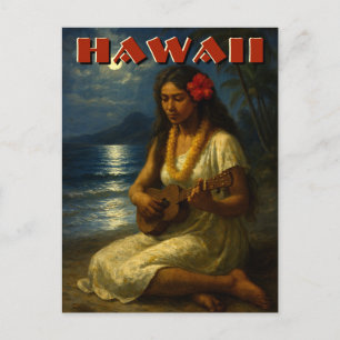 Retro Hawaiaans Meisje & Ukulele Aan de Maanverlic Briefkaart
