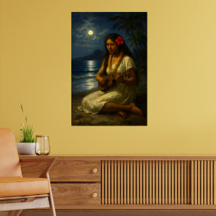 Retro Hawaiaans Meisje & Ukulele Op Een Maanverlic Poster