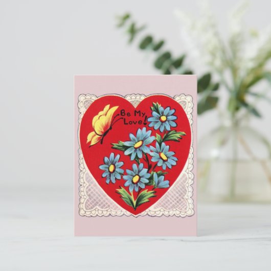 Retro Heart Kant en Bloemen Valentijn Briefkaart (Staand voorkant)
