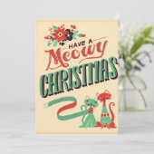 Retro heeft een Meowy Kerstkat Feestdagenkaart (Staand voorkant)