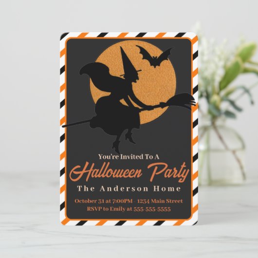  retro heks op bezem aangepaste Halloween Kaart (Staand voorkant)