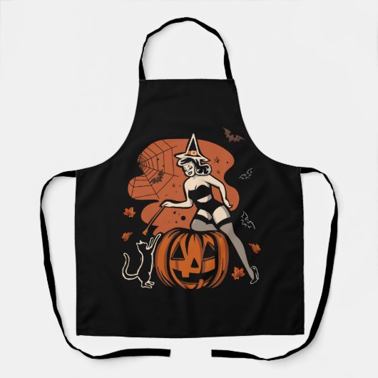 Retro Heks Pin Up Pumpkin Jack O Lantaarn Hallowee Schort (Voorkant)