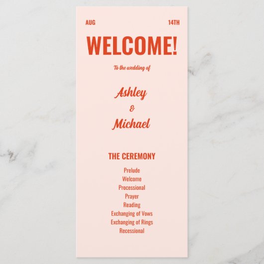 Retro Heldere & Kleurrijke Perzik Wedding Programma (Voorkant)