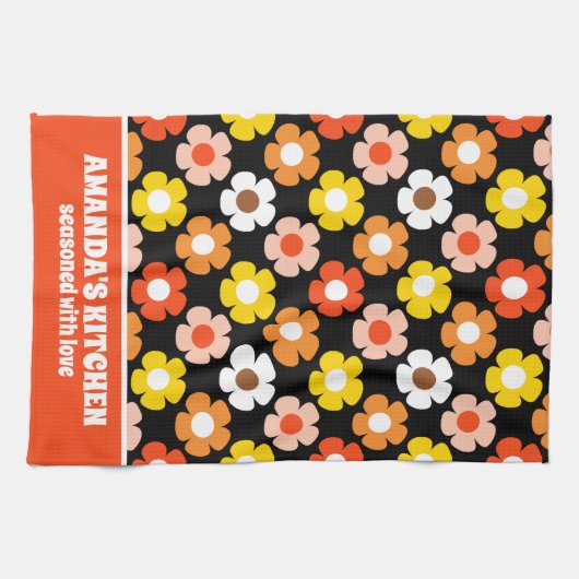 Retro Herfst Herfstbloemen Patroon Zwart Theedoek (Horizontaal)
