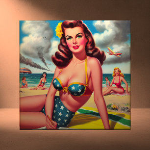 Retro hete vintage strand pin-up tegeltje