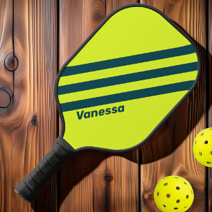 Retro HI VIS Geel met Drie Strepen en Naam Pickleball Paddle