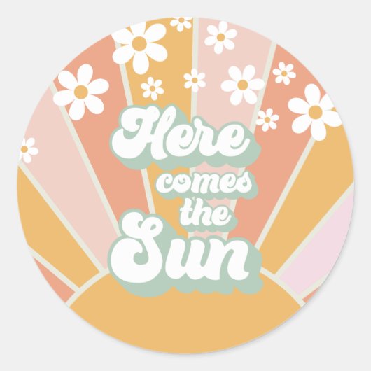 Retro Hier komt de Sun Daisy boho verjaardag Ronde Sticker (Voorkant)