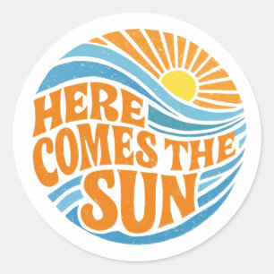 Retro "Hier Komt De Zon" Groovy 70s Strand Ronde Sticker