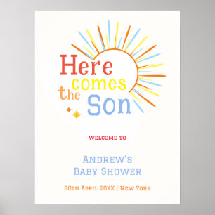 Retro Hier Komt De Zoon Baby Shower Welkom Poster