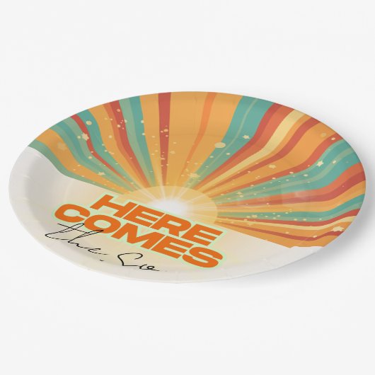 Retro hier komt het Son Baby shower Papieren Bordje (Gekanteld)