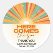 Retro hier komt het Son Baby shower Ronde Sticker (Voorkant)