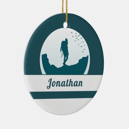 Retro Hiking Camping Landscape Custom Name Blauwgr Keramisch Ornament (Rechts)