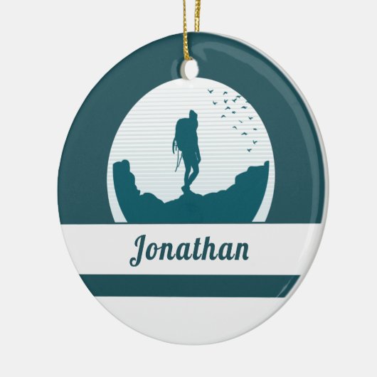 Retro Hiking Camping Landscape Custom Name Blauwgr Keramisch Ornament (Links)