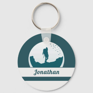 Retro Hiking Camping Landscape Custom Name Blauwgr Sleutelhanger