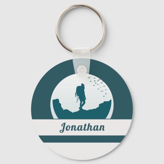 Retro Hiking Camping Landscape Custom Name Blauwgr Sleutelhanger (Voorkant)
