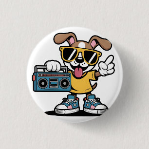 Retro Hip Hop Hond: Cool Tekenfilm Puppy  Ronde Button 3,2 Cm