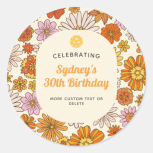 Retro Hippie 70s Bloemen Patroon Pickleball Party Ronde Sticker