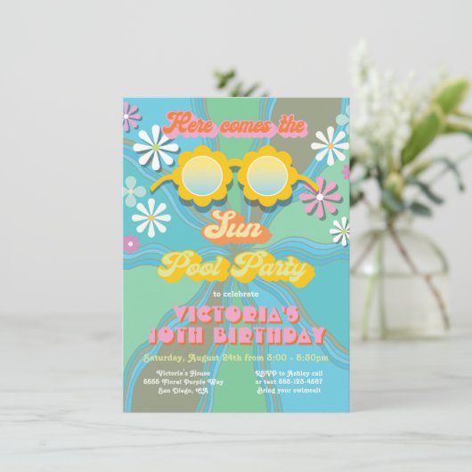 Retro Hippie 70's Daisy Pool Party, Birthday I Kaart (Staand voorkant)