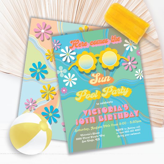 Retro Hippie 70's Daisy Pool Party, Birthday I Kaart