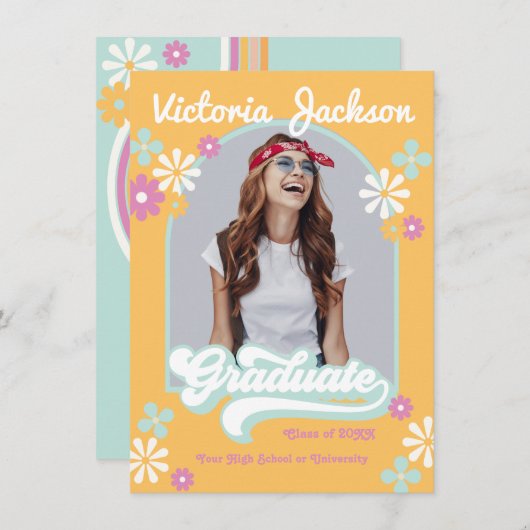 Retro Hippie Afstuderen Fotoaankondiging Kaart (Voorkant / Achterkant)